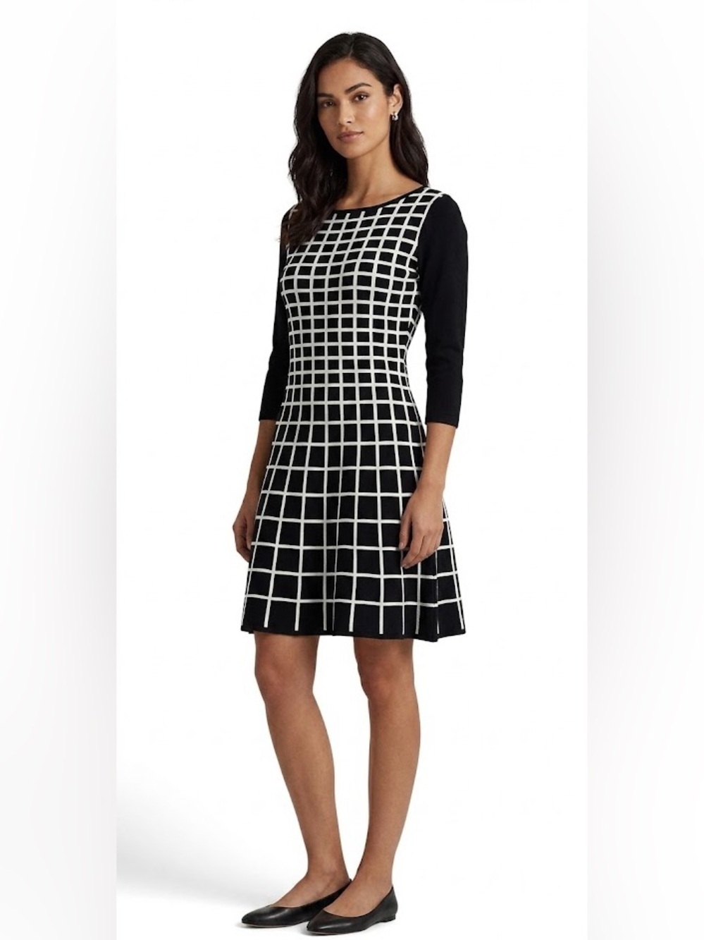 Ralph Lauren NWT Cotton Knit 3/4 sleeve black and White Geometric Dress Size XL